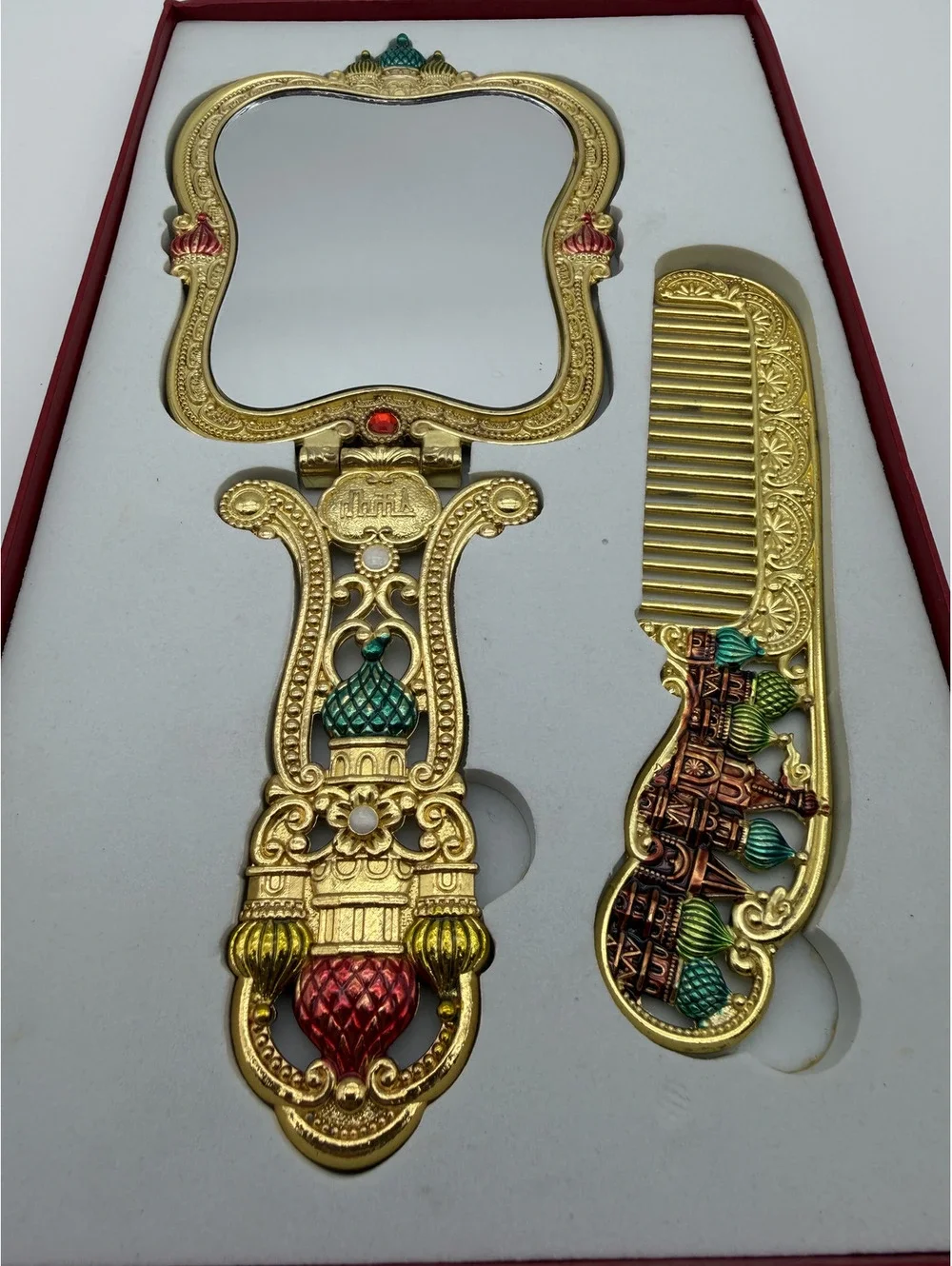 Fine Craftsman Family Ornament Vintage Metal Handheld Makeup Mirror & Comb Set